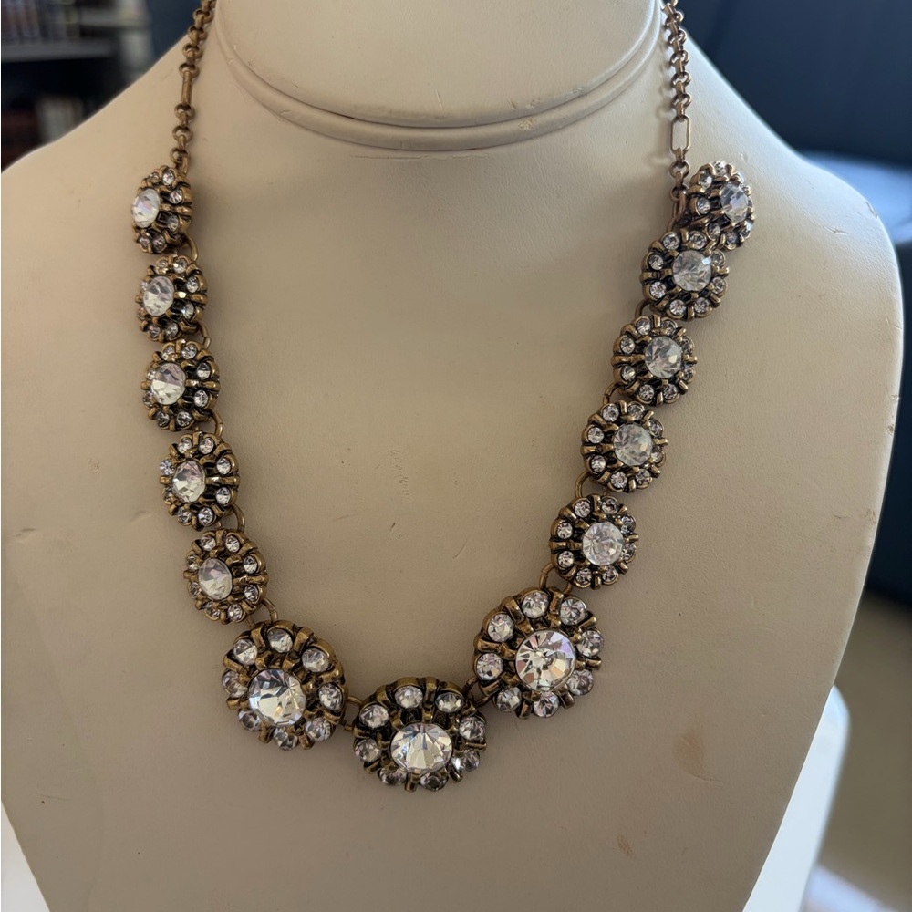 Gold Tone Crystal Statement Necklace Vintage Style Rhinestone Floral